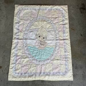 Vintage Precious Moments Baby Crib Blanket Girl Teddy Bear Finished Quilted 44”